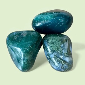 May include: Three polished moss agate stones with smooth, rounded surfaces. The stones feature deep forest green hues, translucent white inclusions, and intricate moss-like patterns throughout their crystalline structures, reflecting light.