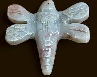 May include: A carved dragonfly pendant in shades of pale blue and hints of red. The wings are spread, and the body is detailed with carved lines. The stone has a smooth, polished finish. The dragonfly is a symbol of transformation and adaptability.
