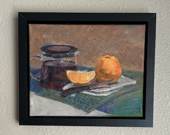 Thé et orange nature morte ORIGINALE, huile sur toile, encadrée, décoration de cuisine, scène de petit-déjeuner, coin repas, art mural