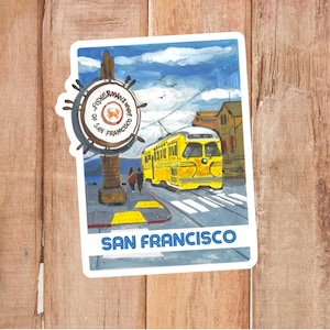 San Francisco Vinyl Aufkleber Reiseandenken, San Francisco Geschenk, Fishermans Wharf und Tram in San Francisco, handgemalte Gouache-Kunst