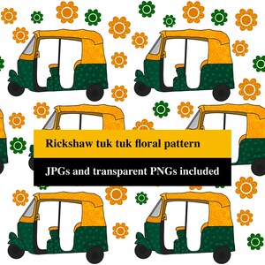 May include: A repeating pattern featuring green and yellow rickshaw tuk tuks interspersed with orange and green flowers. A central yellow and black banner displays the text: Rickshaw tuk tuk floral pattern. JPGs and transparent PNGs included.