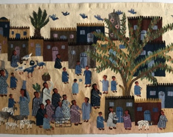 HARRANIA tapestry "Our Village", handwoven by Nabila, artistic unique from the El Awadly weaving school, Harrania, Egypt