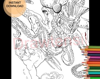 Merman VS Octopus Coloring Page Printable Download - MERMAY by Drawtensil