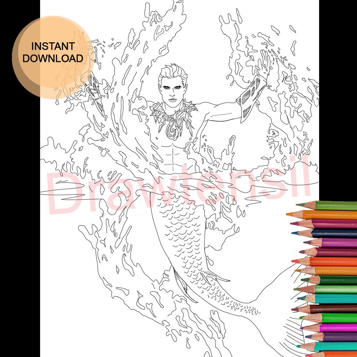 Merman Splash Coloring Page Printable Download MERMAY by Drawtensil - Etsy