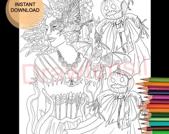 Pumpkin Ghosts Lady Halloween Coloring Page Printable Download - Dark Fantasy - Beautiful Horror by Drawtensil