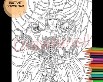 Witches Halloween Coloring Page Printable Download - Dark Fantasy - Beautiful Horror by Drawtensil