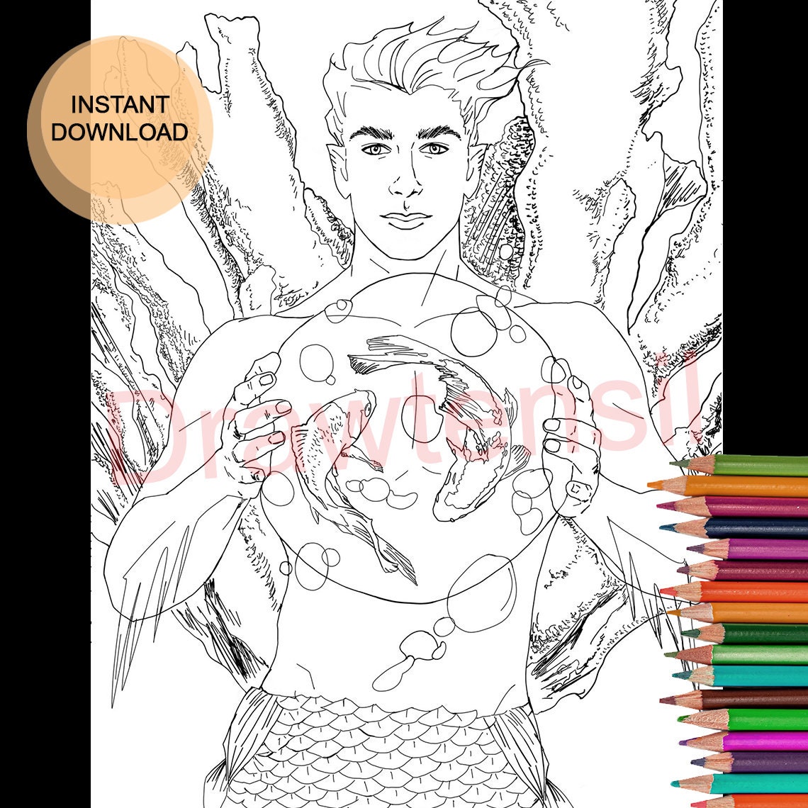 Merman With Koi Fishes Coloring Page Printable Download MERMAY by ...