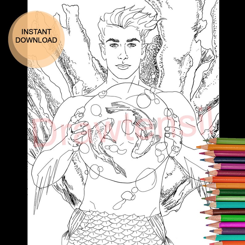 Merman With Koi Fishes Coloring Page Printable Download MERMAY by ...