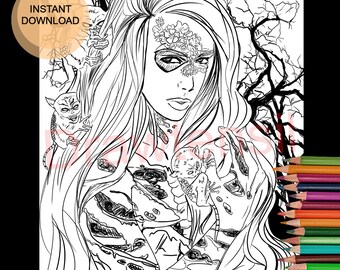 Lady of Death Halloween Coloring Page Printable Download - Dark Fantasy - Beautiful Horror by Drawtensil