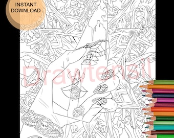 Dizzy Witch Halloween Coloring Page Printable Download - Dark Fantasy - Beautiful Horror by Drawtensil