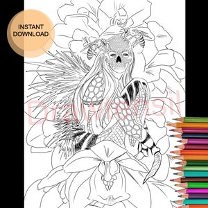 May include: A black and white line art illustration of a woman with a skull face and a honeycomb pattern on her body. She is surrounded by flowers and bees. The image is suitable for colouring.
