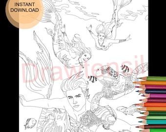 Mermaids with Merman Coloring Page Printable Download - MERMAY by Drawtensil