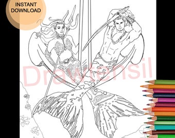 Mermaid and Merman Coloring Page Printable Download - MERMAY by Drawtensil