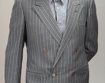 Blazer cruzado de seda pura en gris claro con rayas sutiles / Talla 52 EU / 42 US (XL) / de Andre Laurent / En perfecto estado