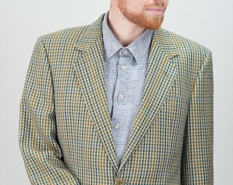 Blazer de pura lana DAKS / Chaqueta deportiva para hombre con estampado de cuadros en beige y verde / Talla 54 UE / 44 EE. UU. (2XL) / Fabricado en Gran Bretaña