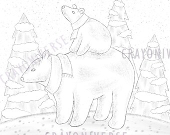 May include: A black and white line drawing of two polar bears in a snowy forest. The larger bear is standing and the smaller bear is sitting on its back. The text "Crayonverse by Bianca State" is at the bottom of the image.