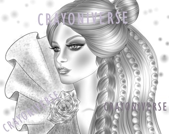 May include: A black and white illustration of a woman with long, braided hair. She is wearing a dress with a rose on the shoulder. The image is titled "Crayonuniverse by Bianca Slate".