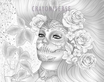 Yadira - Dia de los Muertos Coloring Page for Adults (JPG and PDF)