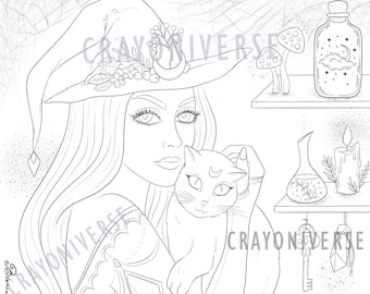 Luna Witch Coloring Page: Halloween Line Art (JPG & PDF)