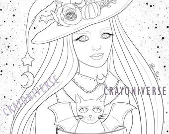 Puede incluir: Una ilustración en blanco y negro de una bruja sosteniendo una calabaza tallada con un gato dentro. La bruja lleva un sombrero con una calabaza y una rosa. El texto "Crayoniverse by Bianca Slate" está en la parte inferior de la imagen.