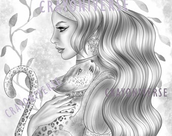 Cassandras Friend -Coloring Page for Adults * Instant Download * Printable File * Grayscale Illustration * JPG and PDF * Bianca State * Cat