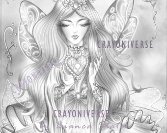 Crystal Heart - Grayscale coloring page Fairy by Bianca State. Grayscale, lightgray, sepia. JPG, PDF