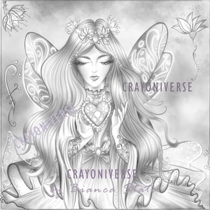 Crystal Heart - Grayscale coloring page Fairy by Bianca State. Grayscale, lightgray, sepia. JPG, PDF