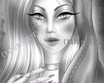 May include: Black and white illustration of a woman with cracked skin and long hair, wearing a hooded cloak with a decorative pattern. The text "CRAYONIVERSE by Bianca State" is visible in the image.