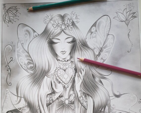 Crystal Heart Grayscale Coloring Page Fairy By Bianca State Etsy Canada