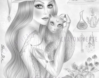 Luna Witch - Coloring Page for Adults * Instant Download * Printable Grayscale Illustration * JPG and PDF * Bianca State * Halloween