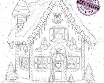 Gingerbread House Coloring Page: Winter Lineart Illustration (Digital Download)