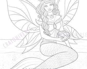 Sea Fairy Coloring Page: Mermay Lineart Illustration (JPG, PDF)