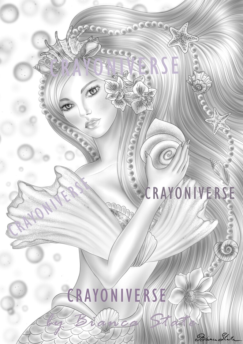 Mermaids Bundle 2: Grayscale mermaids illustrated by Bianca State. 3 beautiful sirens coloring pages in Grayscale image 2