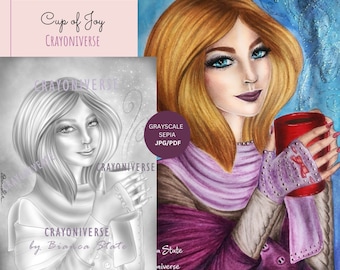 Cup of Joy - Grayscale coloring page by Bianca State. JPG, PDF