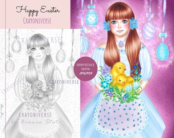 Easter Pack - 2 Coloring Pages for Adults * Instant Download * Printable File * Grayscale Illustration * JPG * Bianca State * Easter