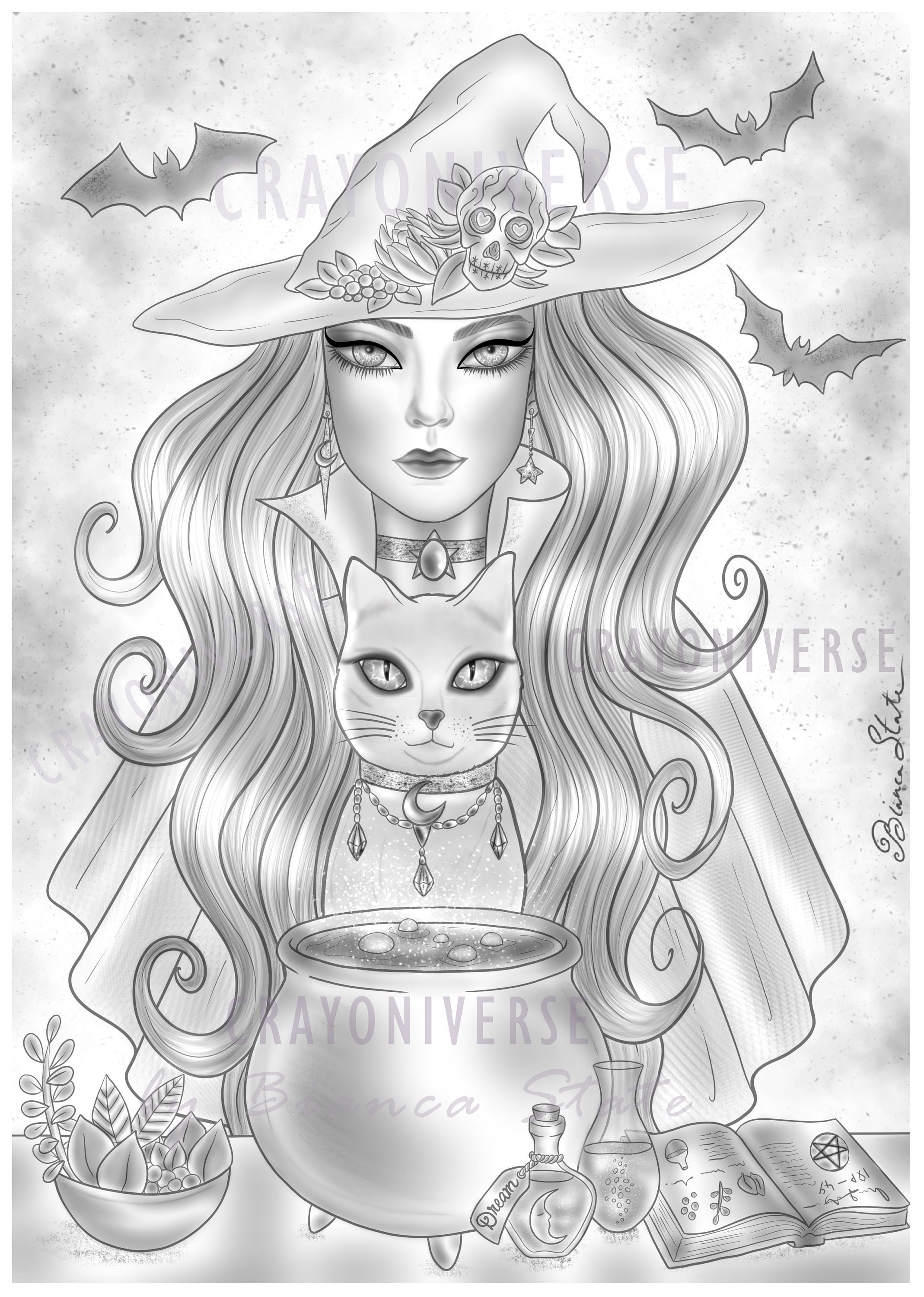 Witchycat Coloring Page for Adults Instant Download Printable Grayscale  Illustration JPG and PDF Bianca State Halloween 