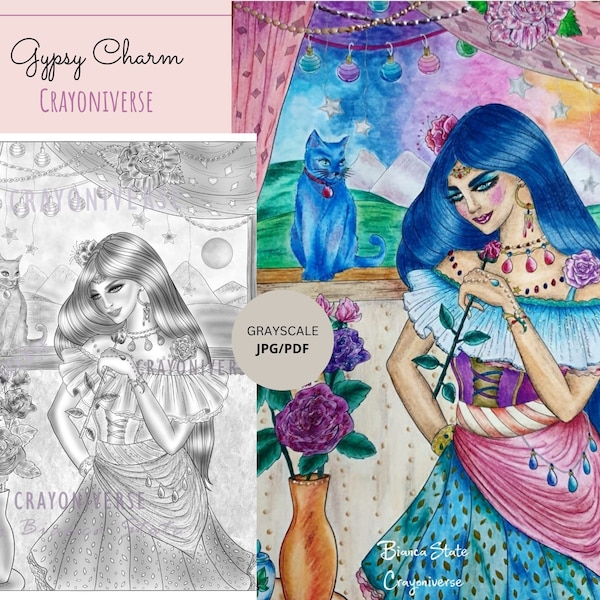 Gypsy Charm - Coloring Page for Adults * Instant Download * Printable File * Grayscale Illustration * JPG and PDF * Bianca State