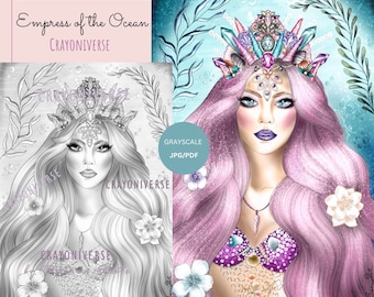 Empress of the Ocean - Grayscale coloring page by Bianca State. Grayscale light and dark, JPG, PDF