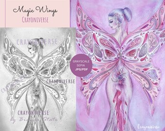 Magic Wings - Grayscale coloring page by Bianca State. Grayscale light and dark, Sepia. JPG