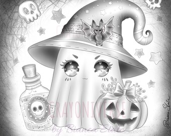 Little Ghost Coloring Page: Halloween Grayscale Illustration (Instant Download)