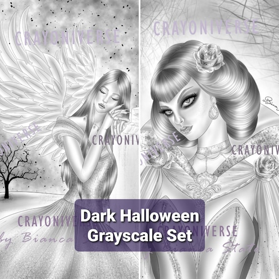 Dark Halloween Coloring Set for Adults Instant Download Printable Files 2  Grayscale Illustrations JPG and PDF Halloween 