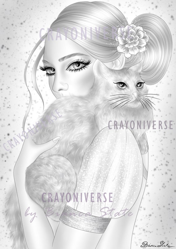Ladies & Cats Coloring Set for Adults Instant Download Printable Files 5  Grayscale Light Illustrations JPG Cats 