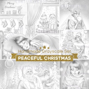 Peaceful Christmas - Coloring Set for Adults * Hand drawn * Instant Download * Printable Files * 5 Grayscale Illustrations * JPG * Christmas