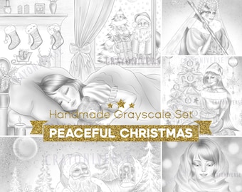 Peaceful Christmas - Coloring Set for Adults * Hand drawn * Instant Download * Printable Files * 5 Grayscale Illustrations * JPG * Christmas