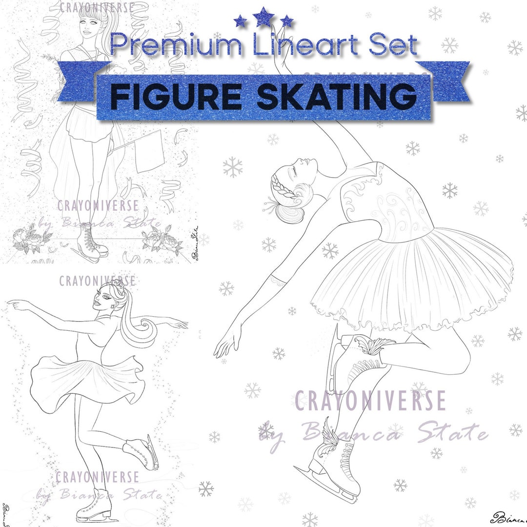 Figure Skating Coloring Set for Adults Instant Download Printable Files 3  Lineart Illustrations JPG and PDF Winter Sports 