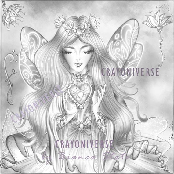Crystal Heart Grayscale Coloring Page Fairy By Bianca State Etsy