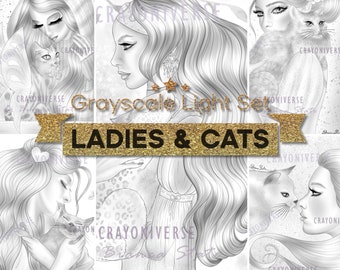 Dibujos para colorear de damas y gatos: Ilustraciones en escala de grises (Descarga digital JPG)