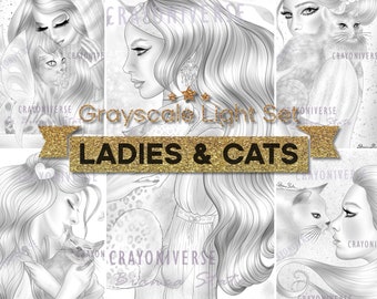 Ladies & Cats Coloring Set for Adults Instant Download Printable Files 5  Grayscale Light Illustrations JPG Cats 