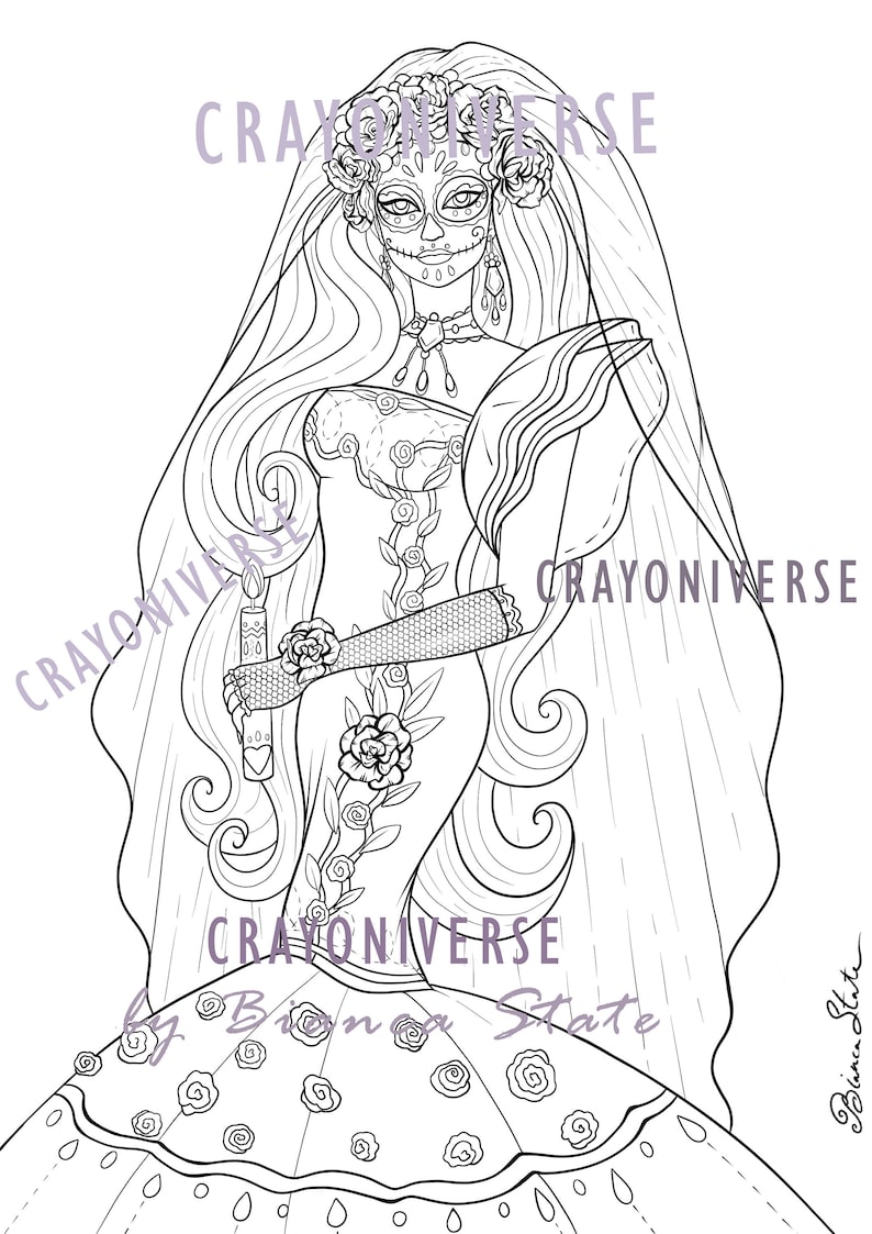 May include: A black and white line art illustration of a bride wearing a traditional Mexican wedding dress with floral details and a veil. She is holding a candle and has a sugar skull makeup design on her face. The text "Crayonuniverse by Brianna State" is visible in the image.