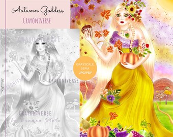 Autumn Goddess - Coloring Page for Adults * Instant Download * Printable File * Grayscale Illustration * JPG and PDF * Bianca State * Autumn